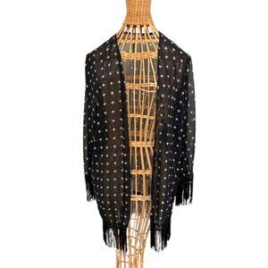 Moon black and cream translucent cardigan/jacket with fringe sleeves and hem.